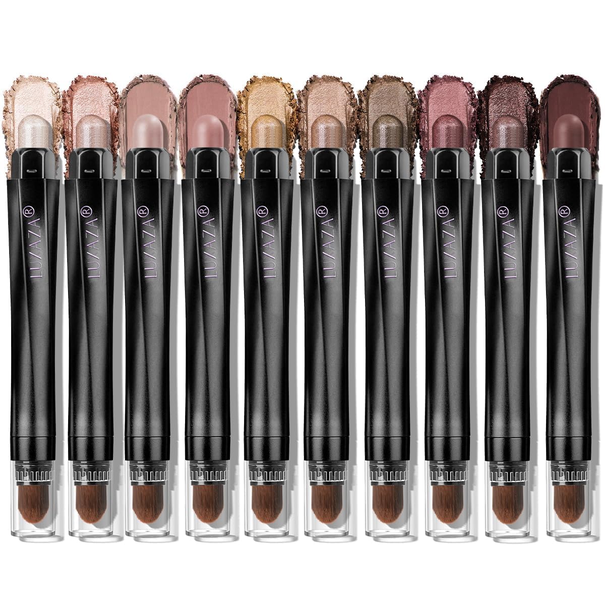 LUXAZA PRO brown eyeshadow sticks 10-piece swatch showcasing neutral shimmer and matte tones.