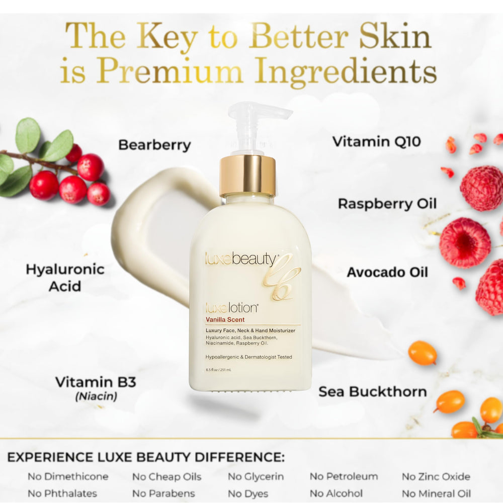 LUXEBEAUTY product used on face, neck, and hands for versatile hydration.