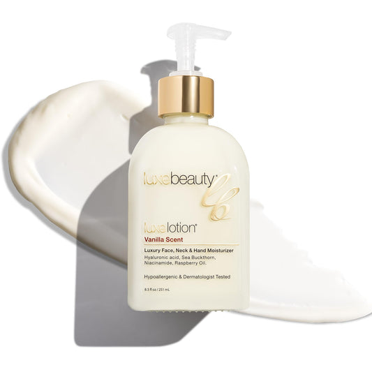 LUXEBEAUTY vanilla lotion texture close-up showing lightweight hydration.