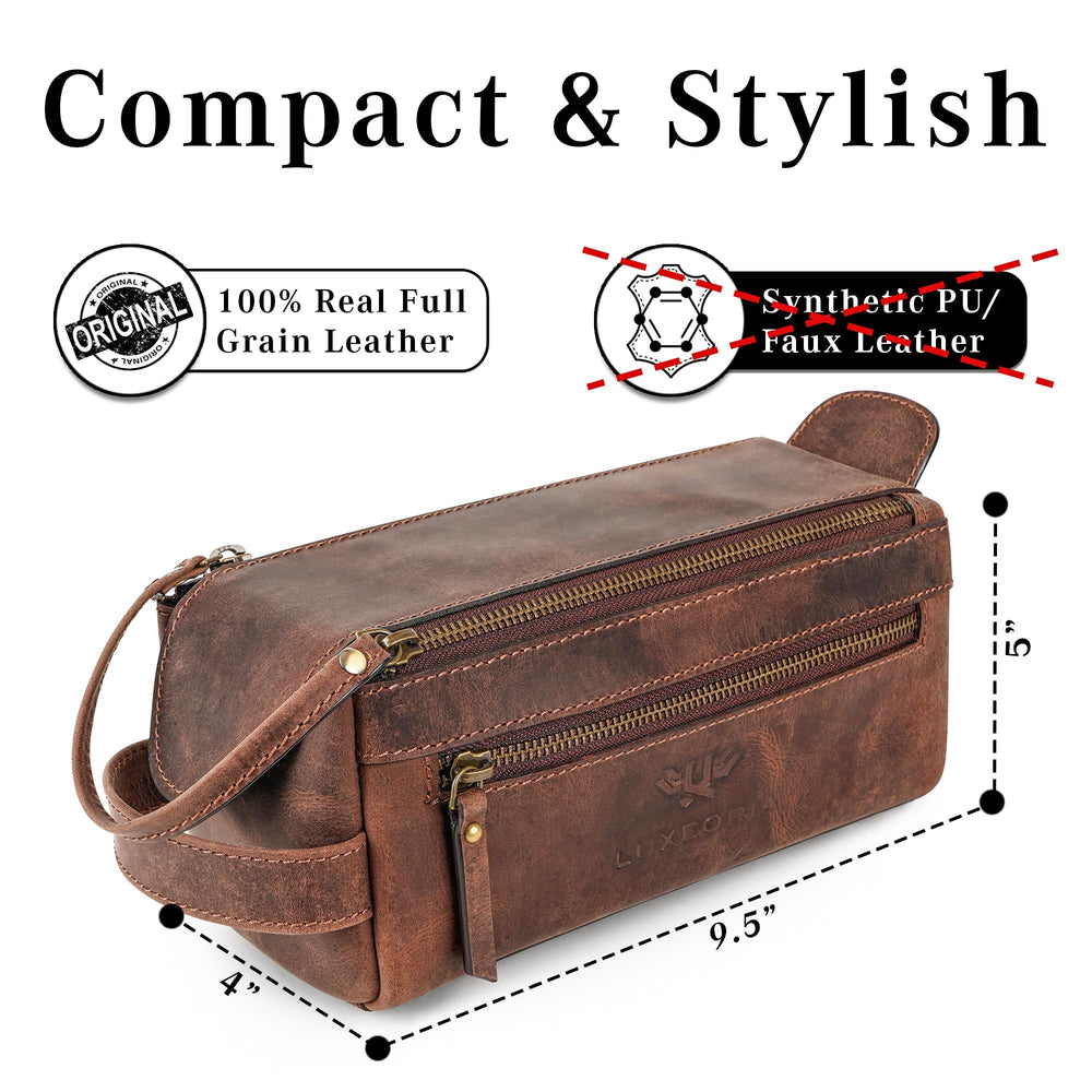 LUXEORIA leather toiletry bag close-up texture highlighting rustic finish.