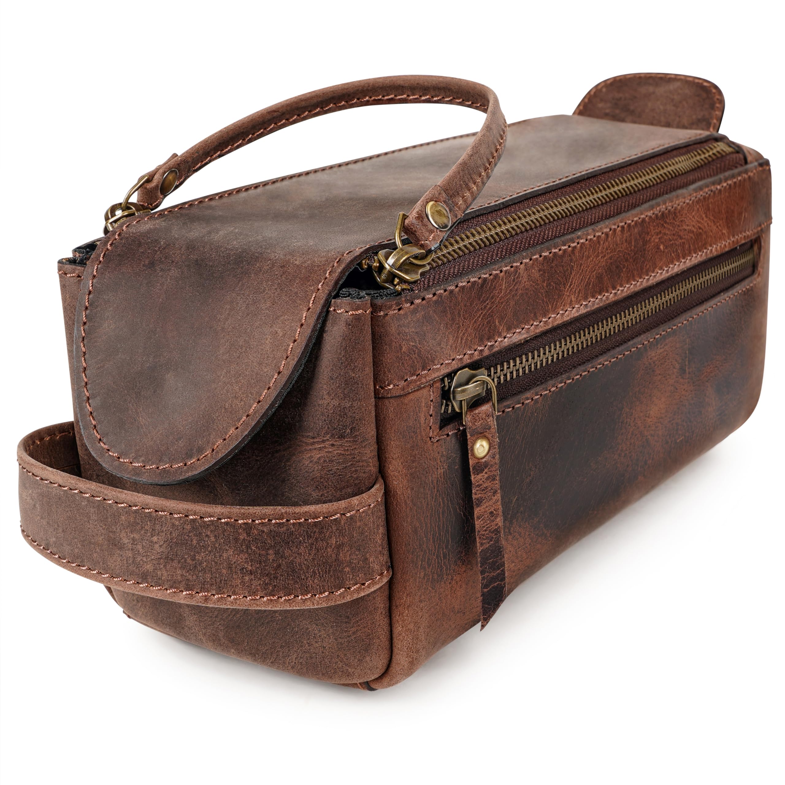 LUXEORIA toiletry bag in chocolate leather with roomy main compartment for full-size bottles.