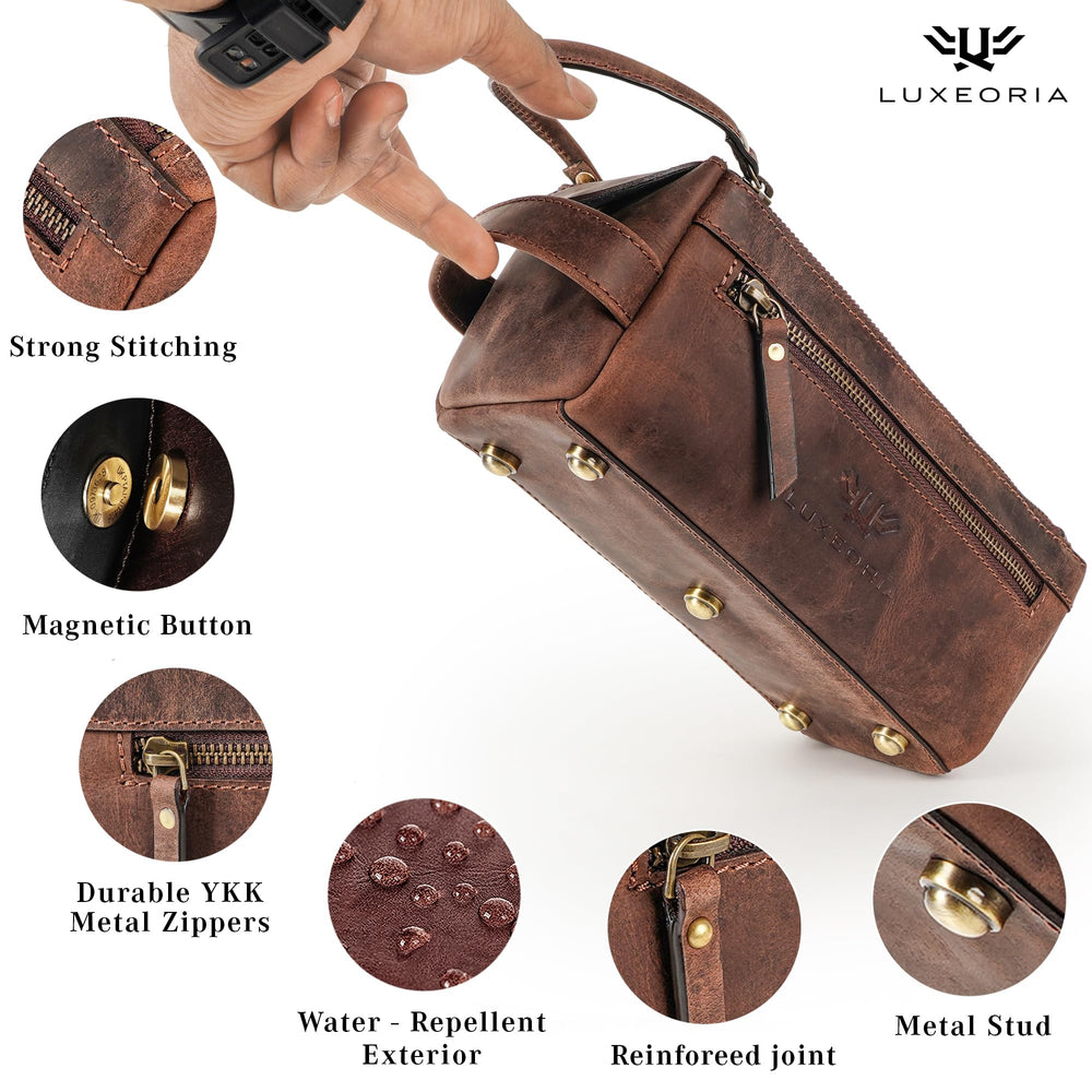 LUXEORIA travel bag in chocolate leather, gift-ready presentation.