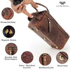 LUXEORIA travel bag in chocolate leather, gift-ready presentation.