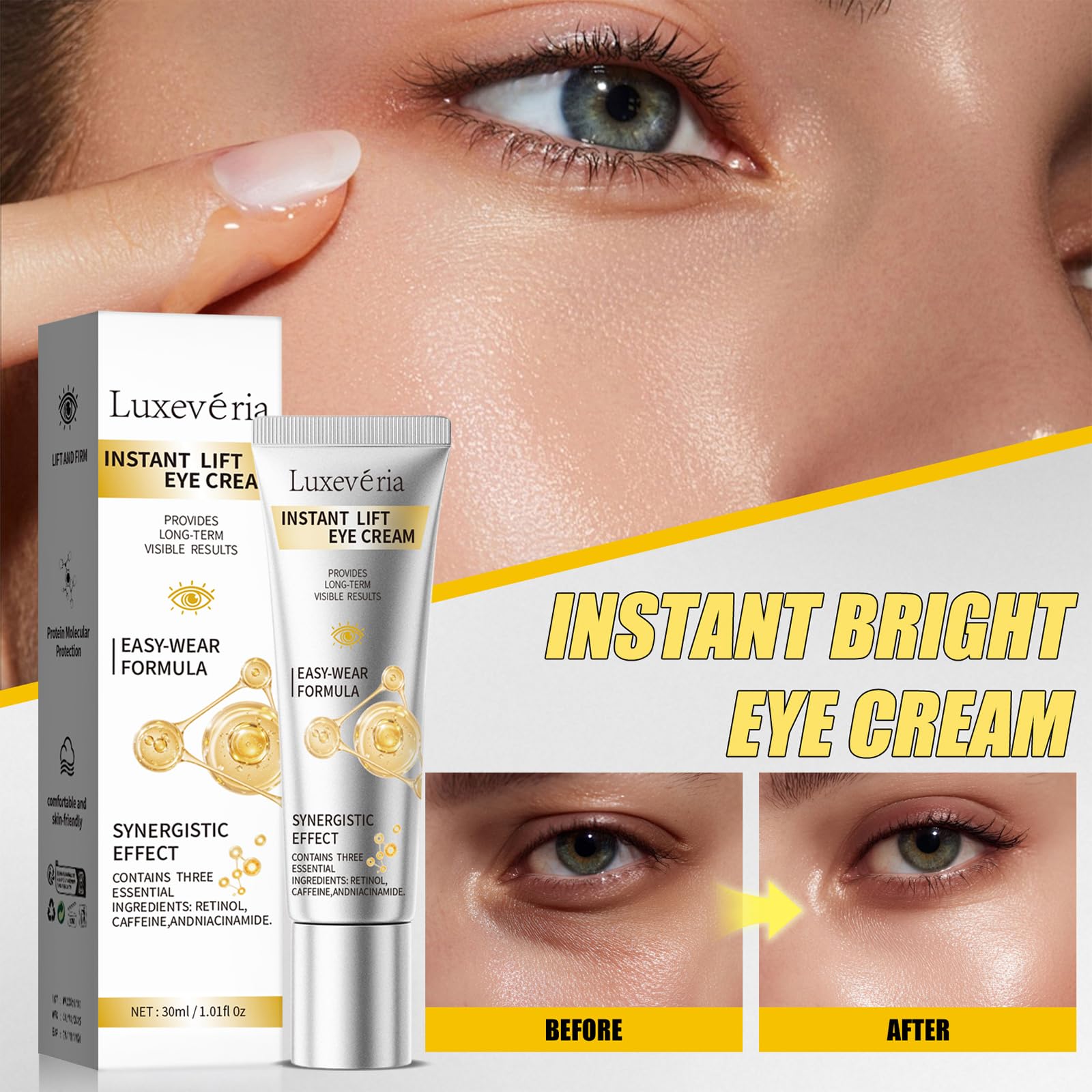 Luxeveria Eye Lifting Cream swatch on skin showing gentle hydration