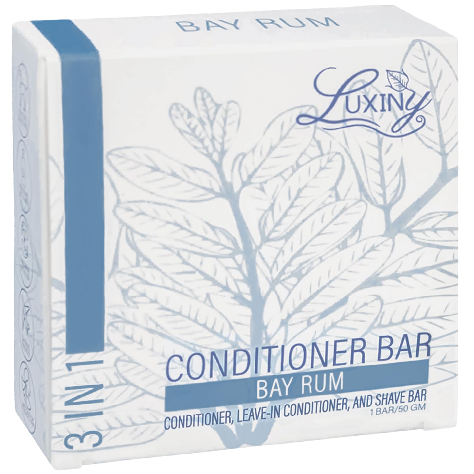 Luxiny Bay Rum conditioner bar packaging image showing travel-friendly design
