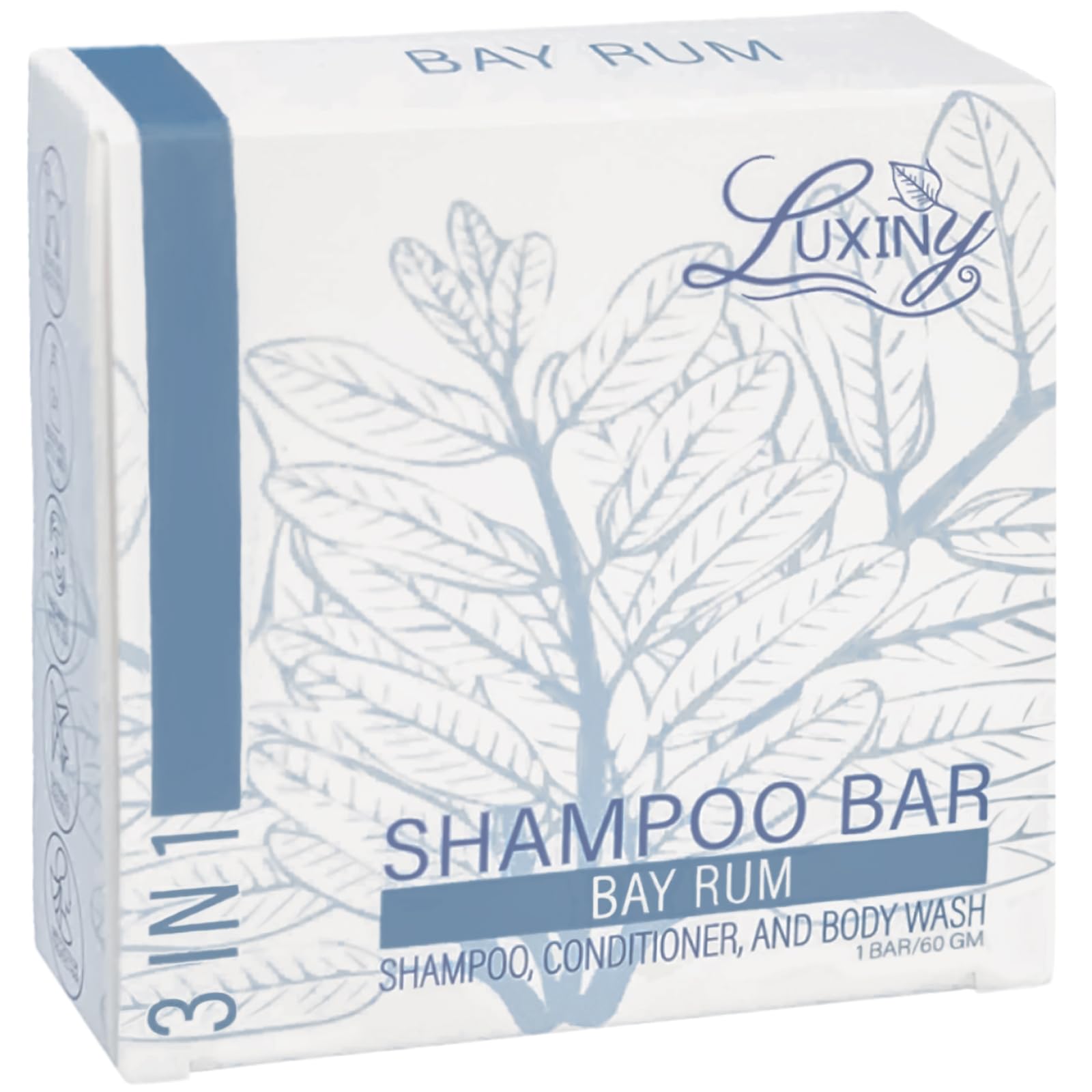 Luxiny Bay Rum Shampoo Bar packaging highlights eco-friendly design for travel