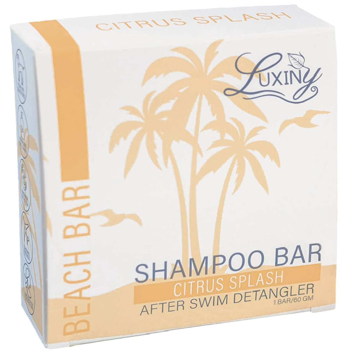 Luxiny Citrus Splash shampoo bar packaging showcasing eco-friendly design, plastic-free concept.
