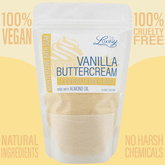 Luxiny coconut milk powder close-up emphasizes moisturizing care for soft skin