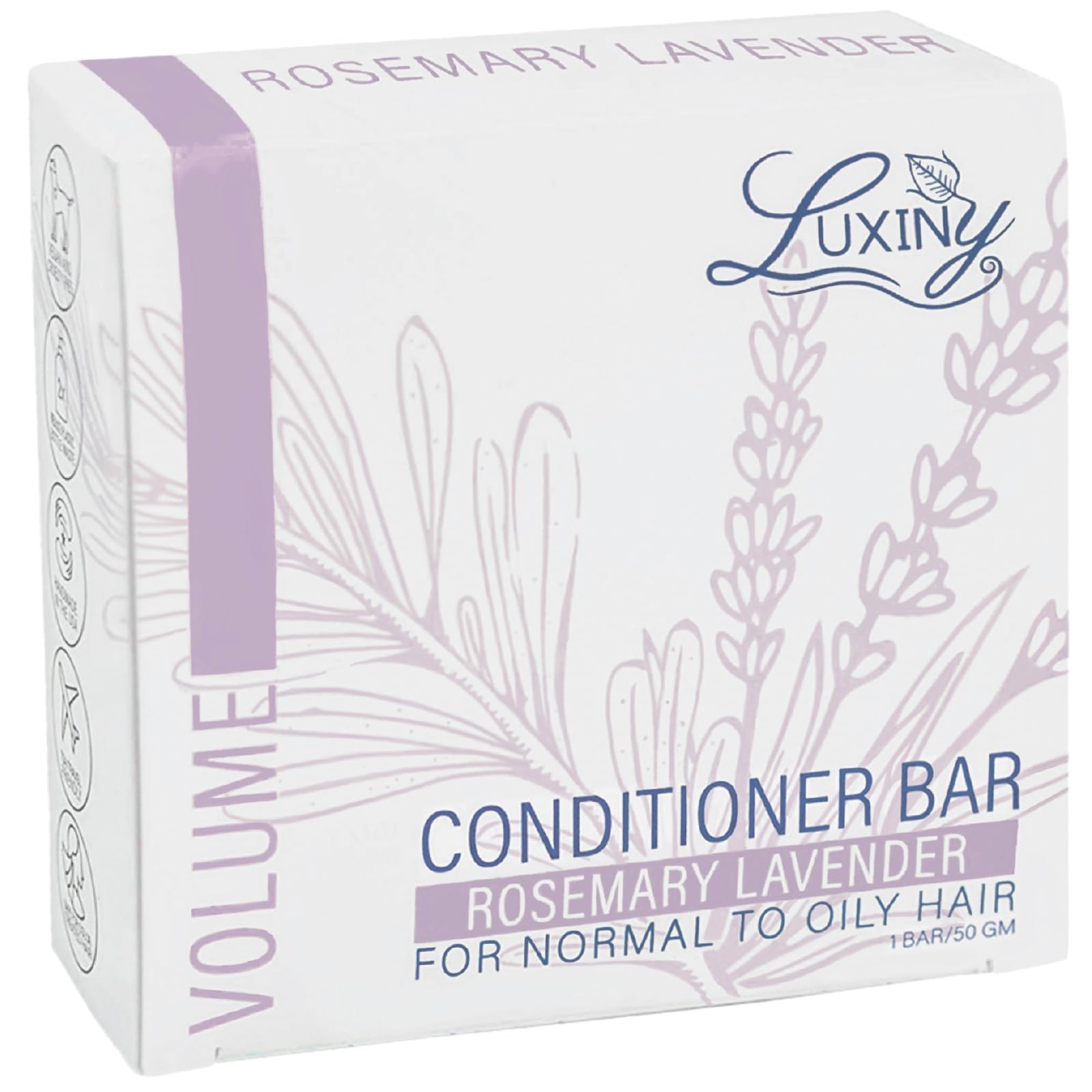Luxiny Rosemary Lavender conditioner bar packaging illustrates eco-friendly design.