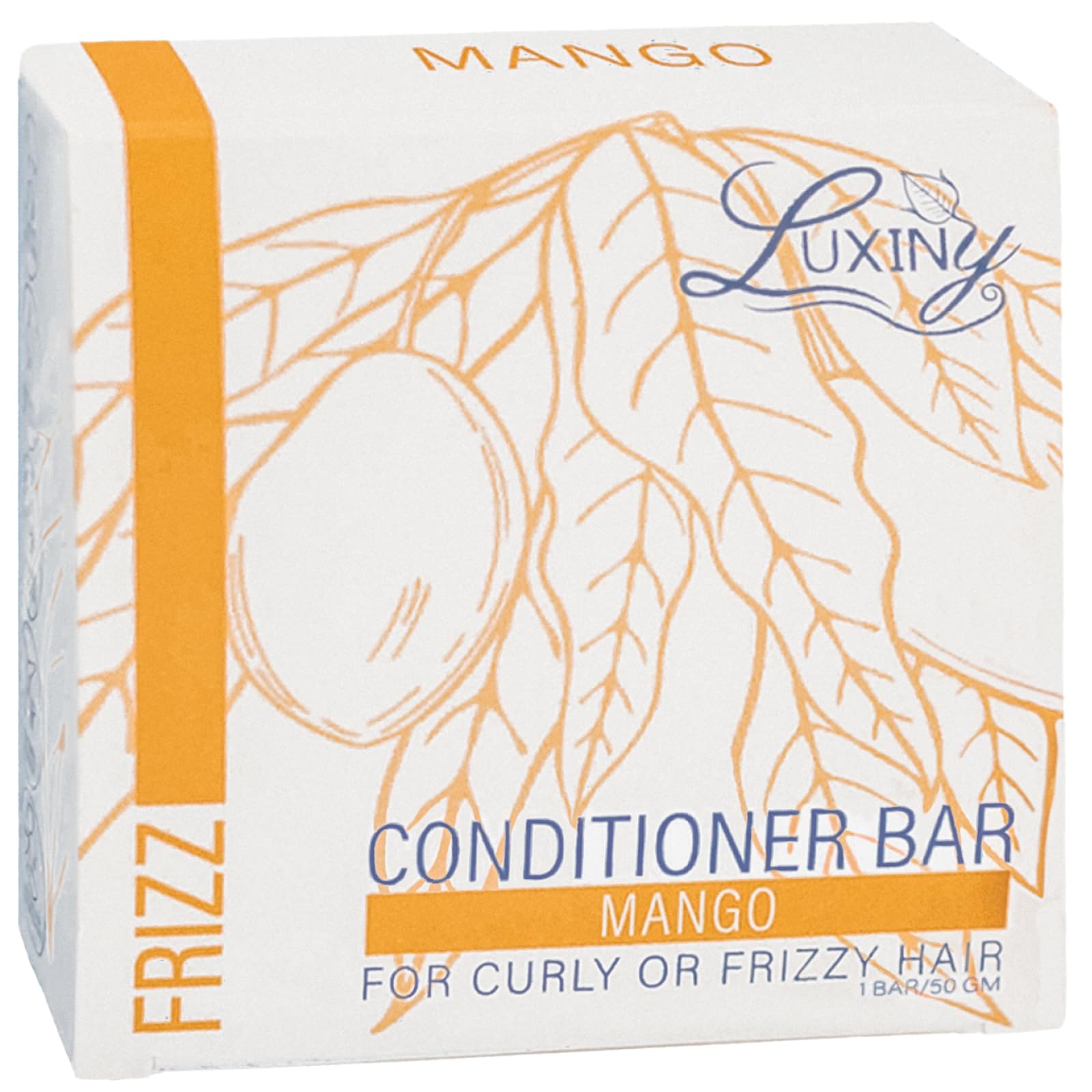 Luxiny Mango Conditioner Bar packaging highlights travel-friendly design and sustainability.