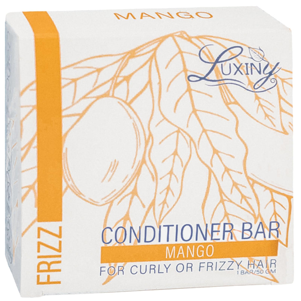 Luxiny Mango Conditioner Bar packaging highlights travel-friendly design and sustainability.