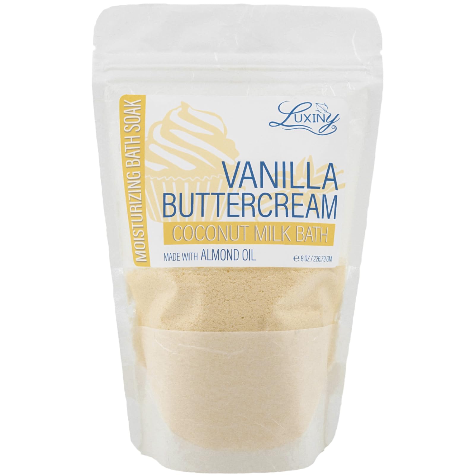 Luxiny vegan milk bath powder packaging showcases premium ingredients for an at home spa