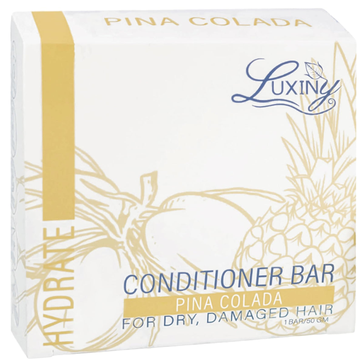 Luxiny Pina Colada conditioner bar packaging, travel-friendly and eco-conscious.