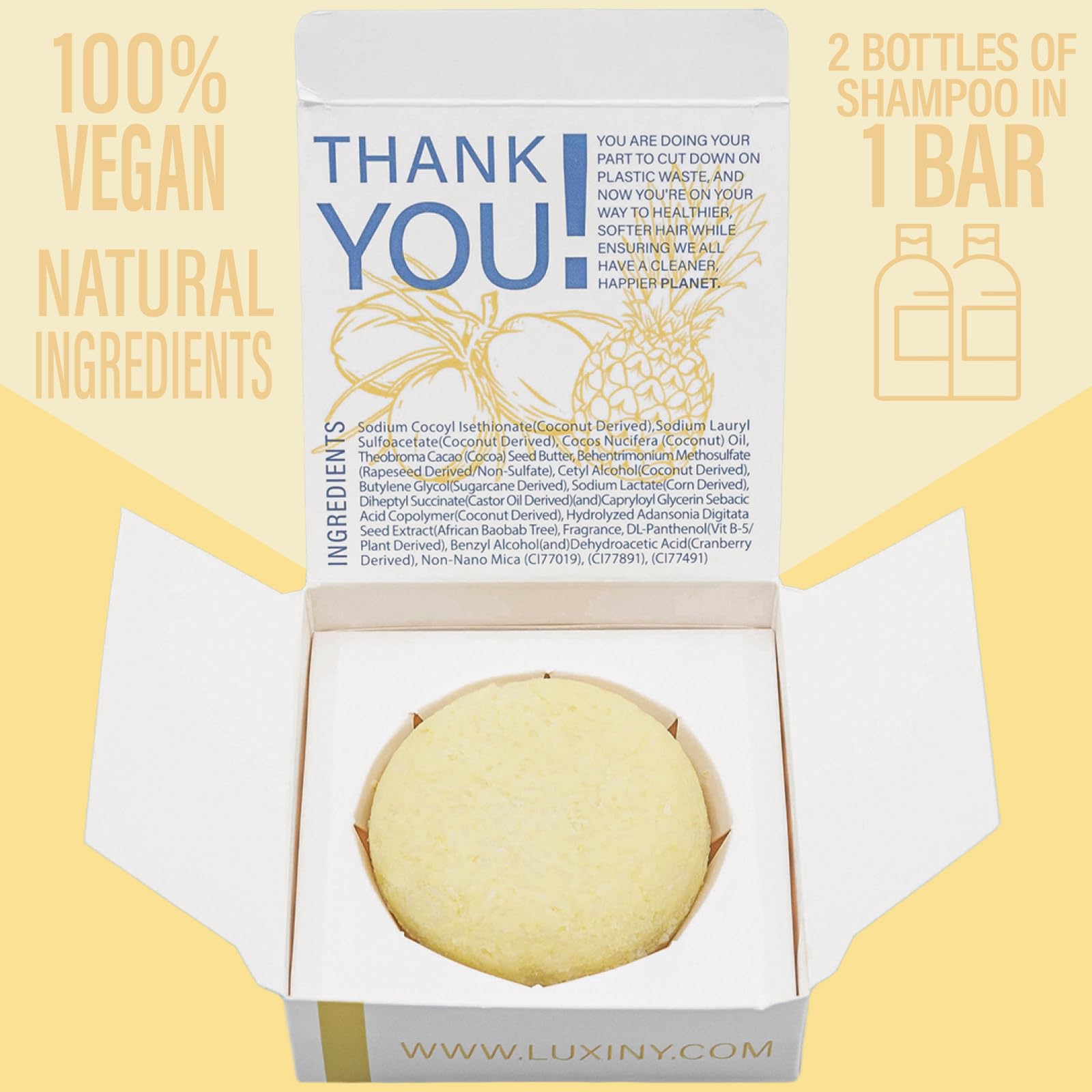 Luxiny Pina Colada Shampoo Bar lather delivers gentle cleansing for dry or damaged hair.