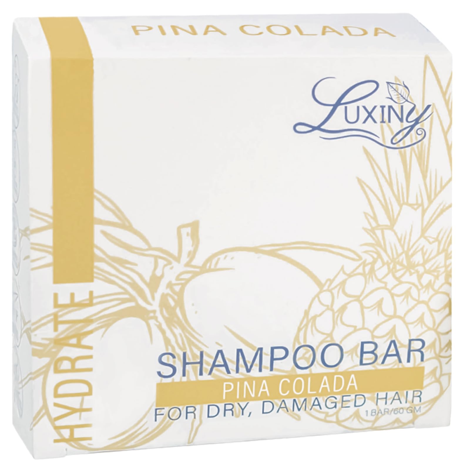 Luxiny Pina Colada Shampoo Bar packaging shows eco-friendly design and travel-ready size.