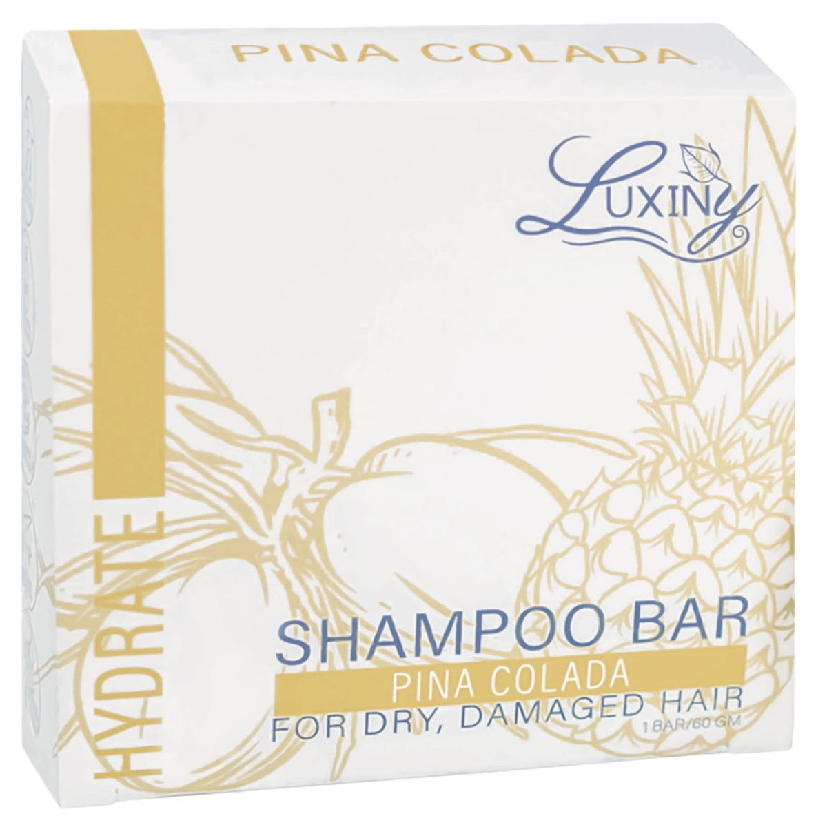 Luxiny Pina Colada Shampoo Bar packaging shows eco-friendly design and travel-ready size.