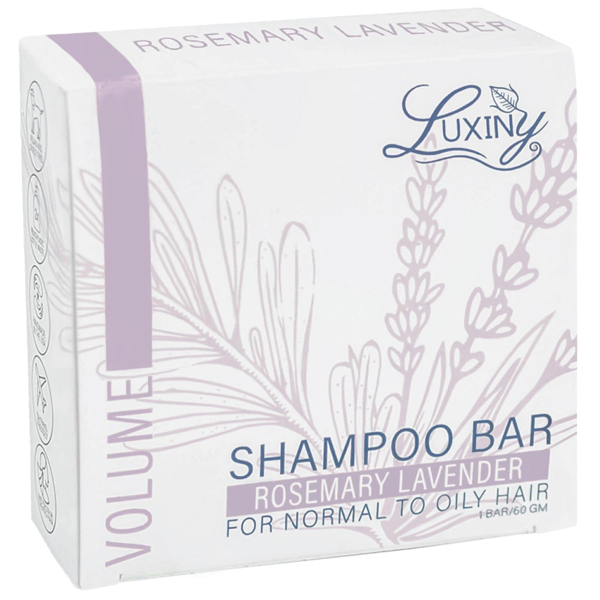 Luxiny rosemary lavender shampoo bar packaging shows eco-friendly design for sustainable care