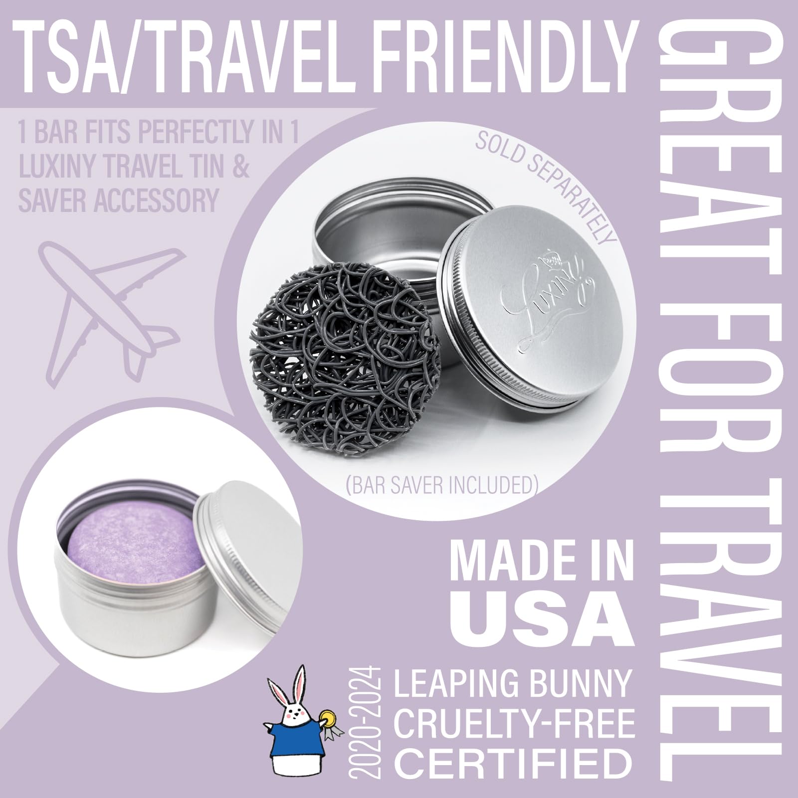 Luxiny shampoo bar in travel case shows TSA-friendly size