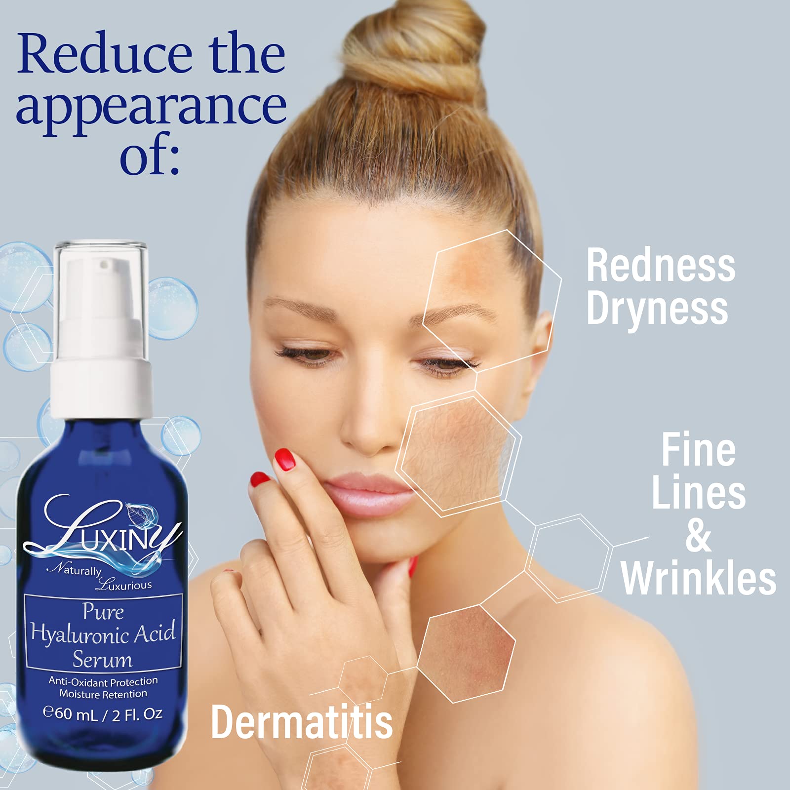 Luxiny serum dispense pump enables easy, mess-free daily application.
