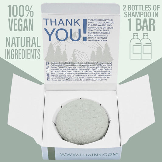 Luxiny Tea Tree Mint Shampoo Bar in hand highlights travel-friendly solid form