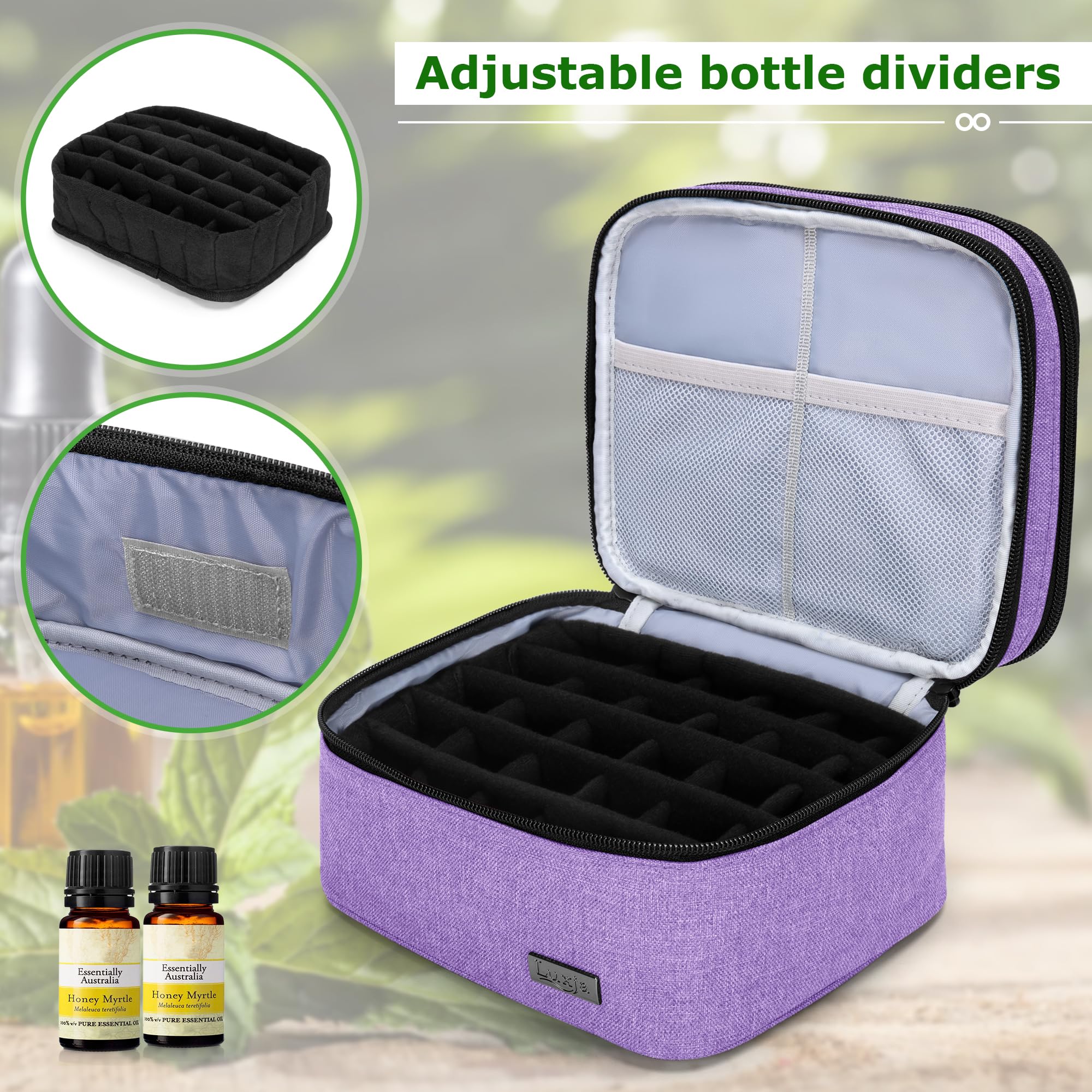 Luxja bag shows roller bottle fit beside compartments.
