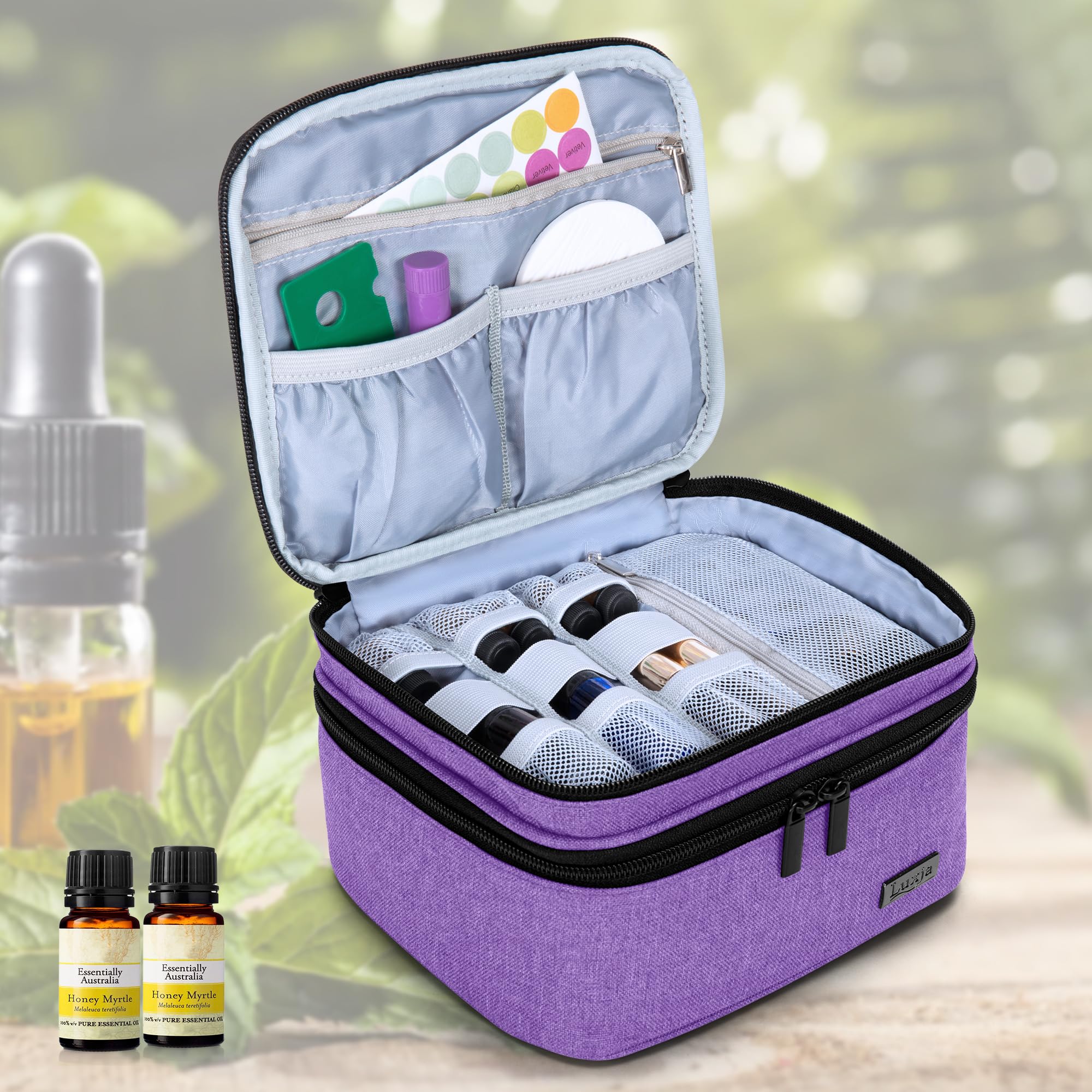 LUXJA essential oil case purple interior pockets organize accessories neatly