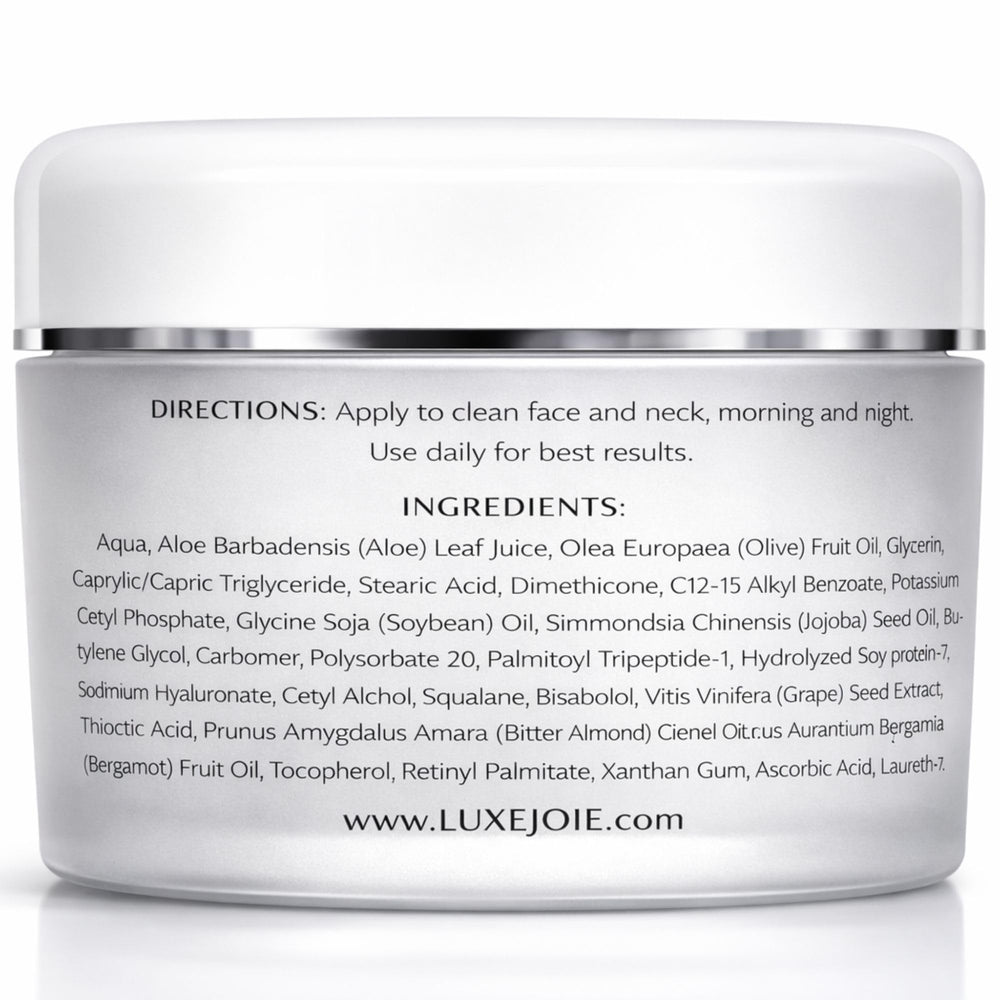 LuxJoie Ultra Soy Peptide Cream texture swatch on skin for smoothing and daily moisture.
