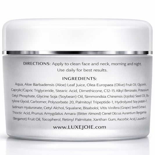 LuxJoie Ultra Soy Peptide Cream texture swatch on skin for smoothing and daily moisture.