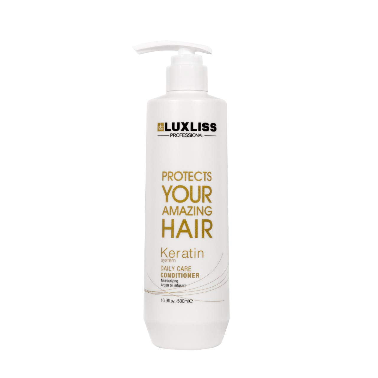 Luxliss Keratin Daily Care Conditioner close-up highlights argan oil nourishment.