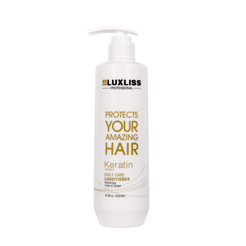 Luxliss Keratin Daily Care Conditioner close-up highlights argan oil nourishment.