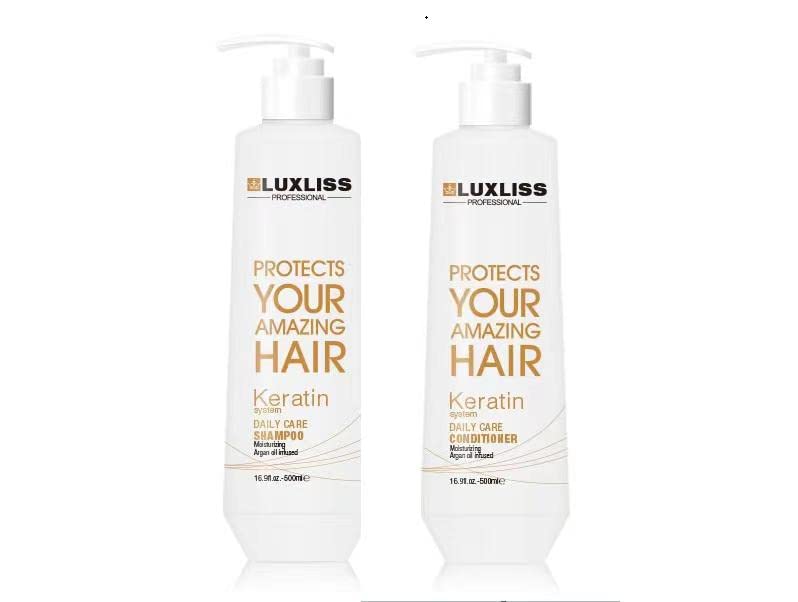Luxliss Keratin Daily Care Shampoo bottle showcases anti-frizz smoothing.