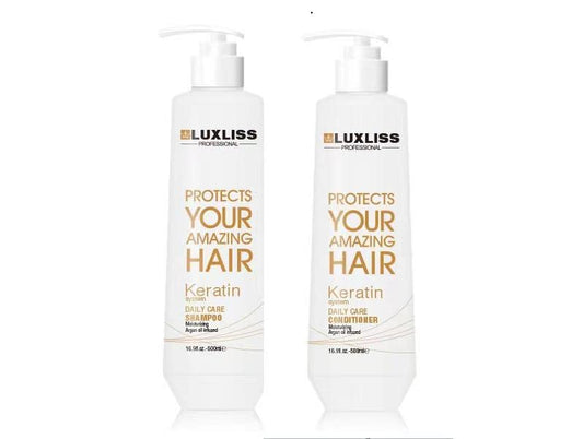 Luxliss Keratin Daily Care Shampoo bottle showcases anti-frizz smoothing.