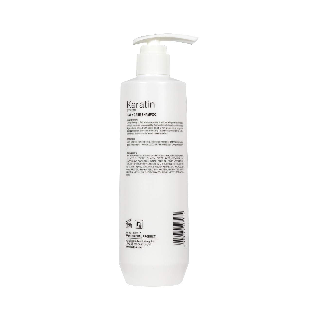 Luxliss Keratin Daily Care Shampoo close-up emphasizes keratin protection.