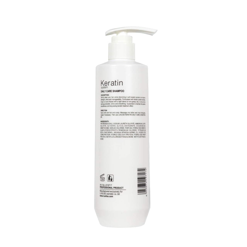 Luxliss Keratin Daily Care Shampoo close-up emphasizes keratin protection.