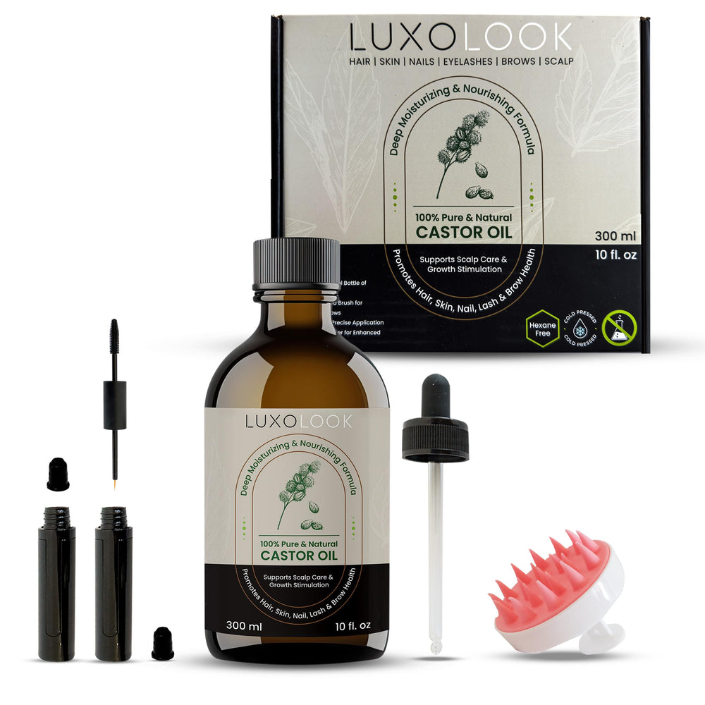 LuxoLook Pure Castor Oil bottle for versatile hair and skin nourishment.