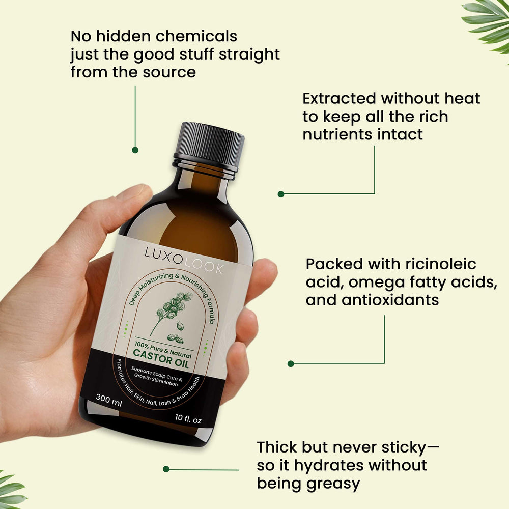 LuxoLook castor oil helps soften dry cuticles and skin.