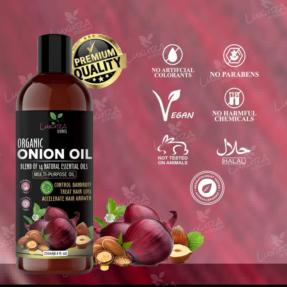 Luxura Sciences Amla Oil bottle feeds hair with essential nutrients.
