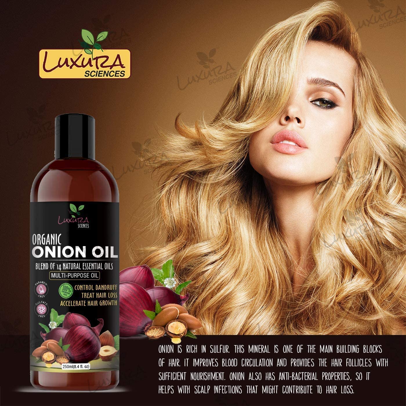Luxura Sciences Argan Oil bottle delivers deep hydration for dry scalp.