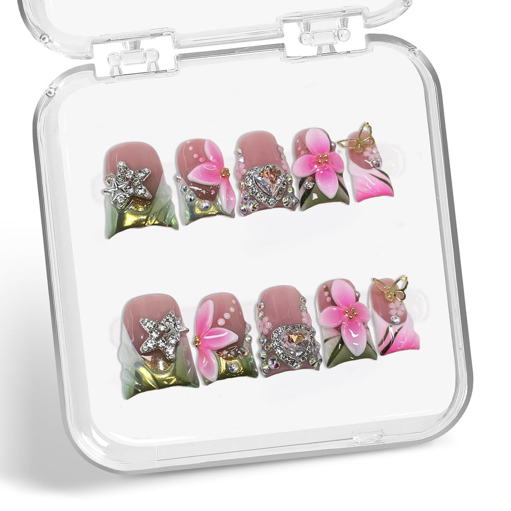 Luxury Duck pink and white flower decor press-on nails for elegant daily wear