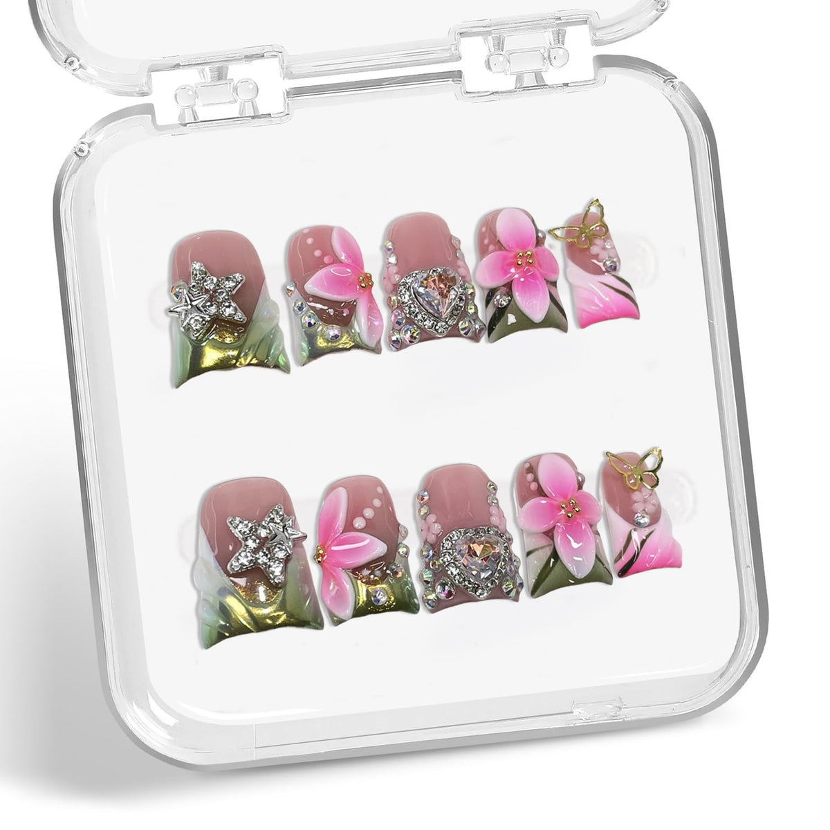Luxury Duck pink and white flower decor press-on nails for elegant daily wear