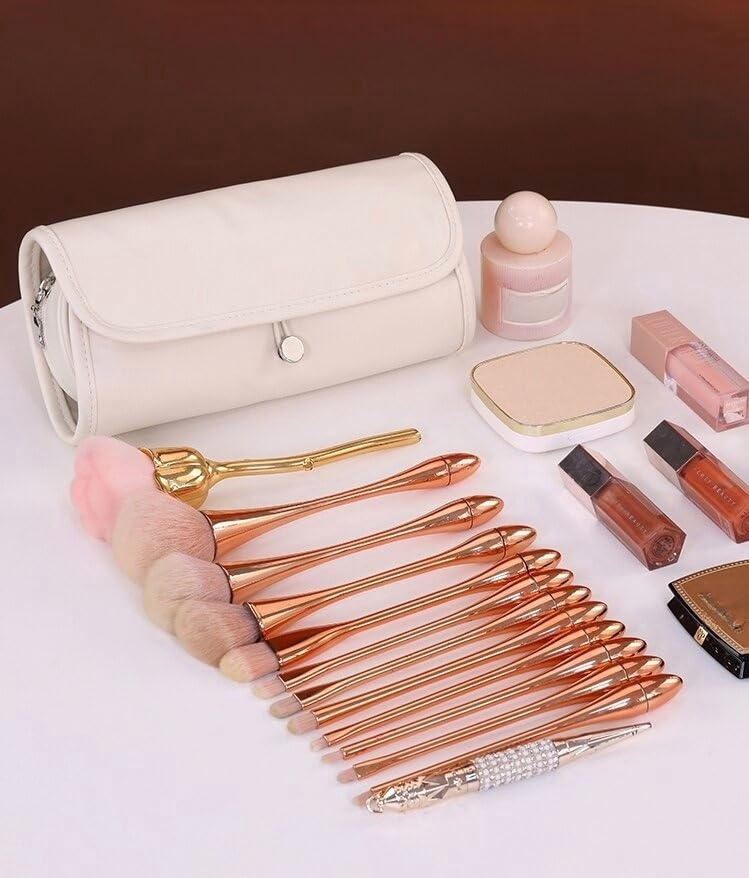 Luxury leather makeup brush case front compartments hold cosmetics and tools