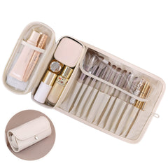 Luxury leather makeup brush case roll in cream white, ideal for travel.