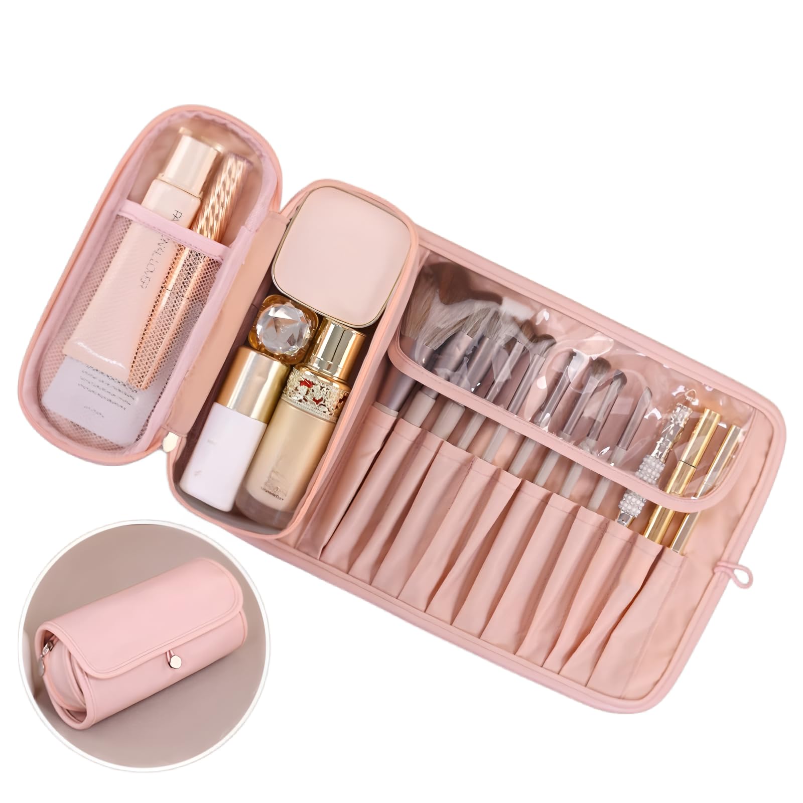 Luxury leather makeup brush case with roll-up closure keeps brushes secure during travel