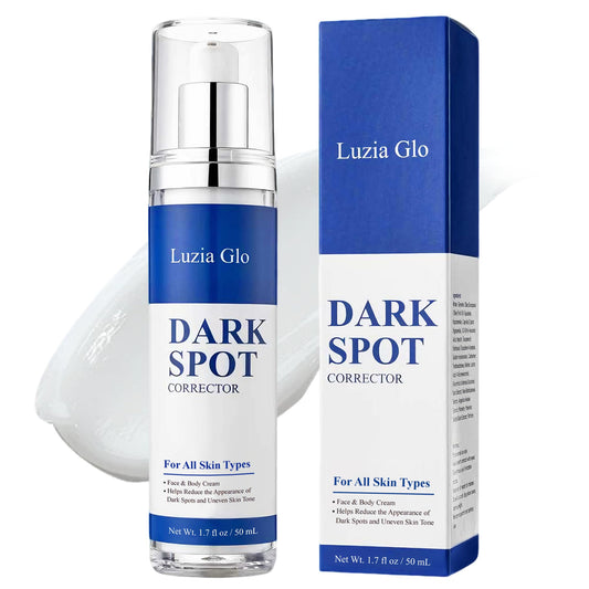 Luzia Glo Dark Spot Corrector bottle on display for face use and even-toned results.