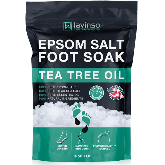 LV LAVINSO Tea Tree Foot Soak bottle ready for a refreshing soak
