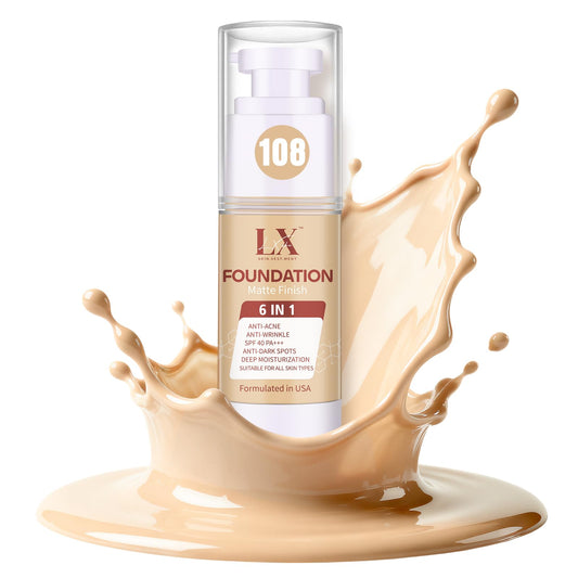 LXSKN 6-in-1 foundation 108 Light bottle offers a smooth matte finish