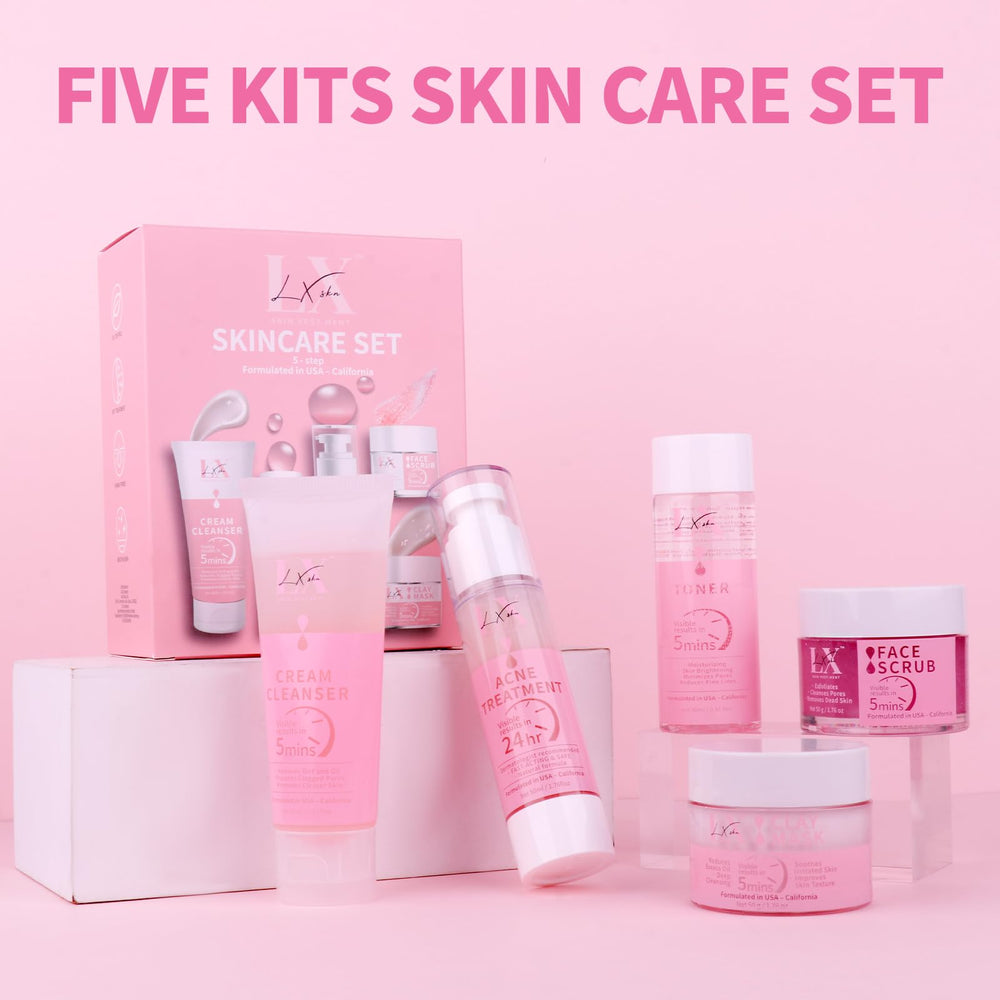 LXSKN Daily Acne Essentials Kit 5-step routine; clear, convenient daily use.