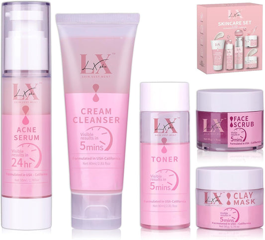 LXSKN Daily Acne Essentials Kit cleanser; gentle foaming action for clear pores.