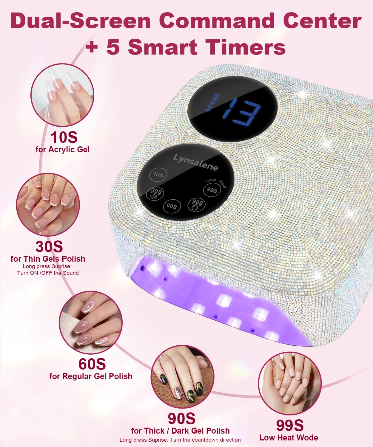 Lynsalene dual-screen display shows cure time and battery level at a glance