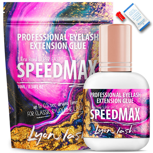 Lyon Lash SPEEDMAX bottle close-up showing fast-dry formula for quick lash applications.